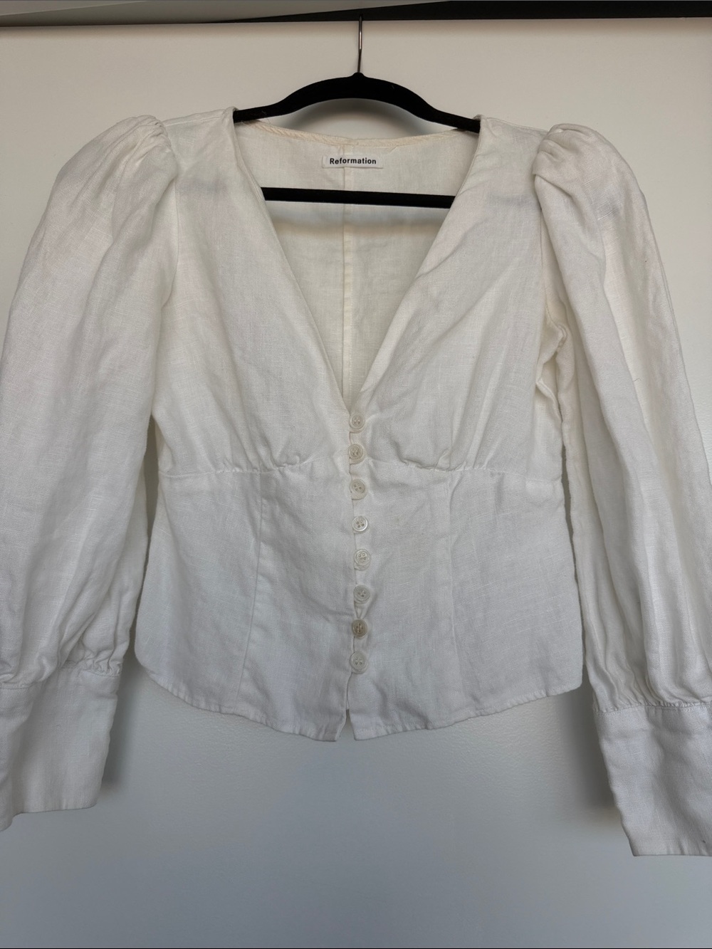 Reformation White 100% Linen Cinched Button Front Blouse Size 0